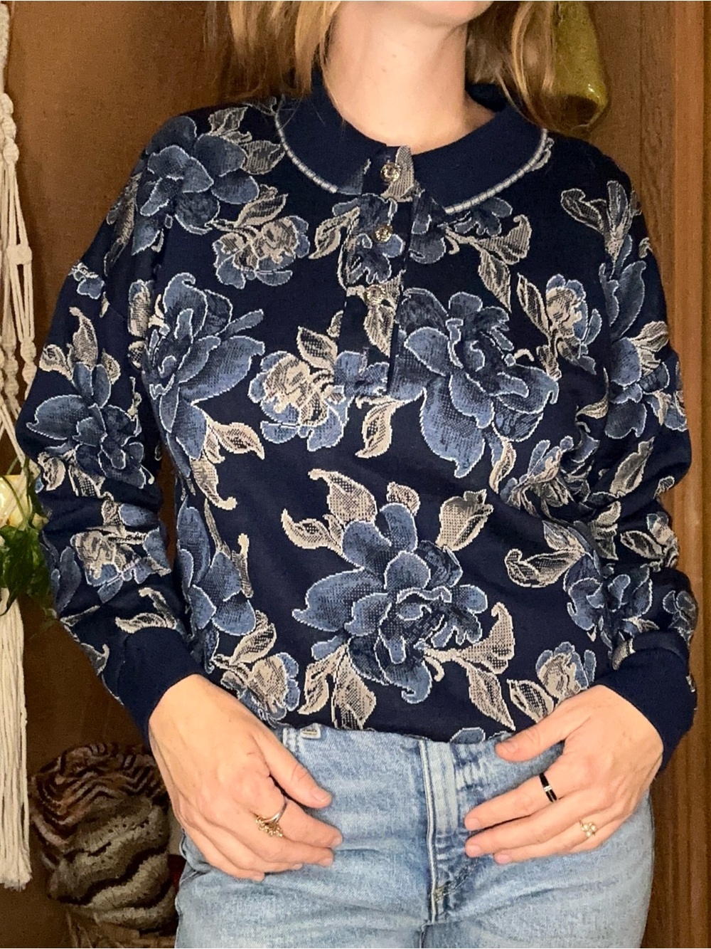 Vintage 1990s Season Ticket Navy Blue Floral Knit Pullover Sweater